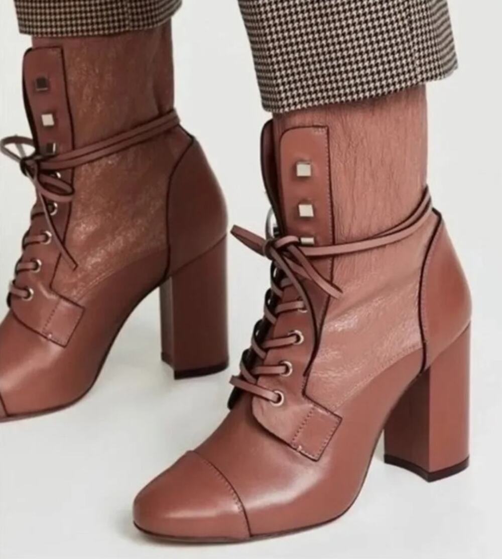 Stuart Weitzman Veruka Combat Boots Leather Lace-Up Studded Block Heel Pink